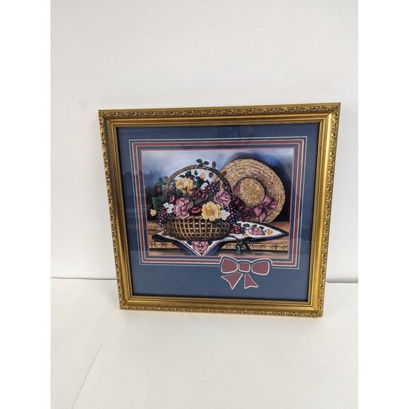 Framed Art Laurie Korsgaden Wall Hanging Plaque Decor 16X16" Country Basket Hat - Picture 1 of 6